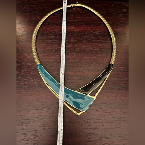 Gold & Blue Enamel Omega  Collar Necklace - Picture 5 of 6